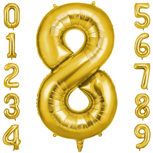 OFFCUP Gold Luftballon 8, Folienballon Zahl 8, 40 Zoll Geburtstag Helium Ballons, Zahlenballon für Geburtstagsdeko von OFFCUP