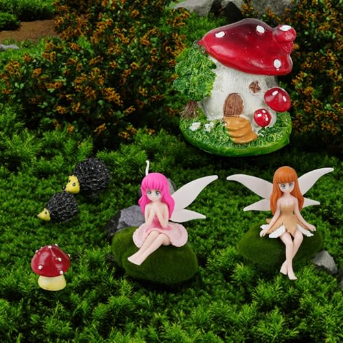 OFFCUP Miniatur-Ornamente, 7pcs Gartendeko, Mushroom Tree House, Gartenfiguren Igel, Feen Figuren Gartentiere Figuren Elf Outdoor-Dekoration Fairy Garden wetterfest von OFFCUP