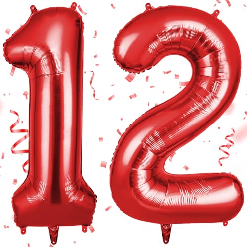 OFFCUP Luftballon Zahlen 12, Rot 12 Geburtstag Zahlen Ballon 101cm Groß Folienballon 40 Zoll Helium Ballons zum Mädchen Junge Geburtstag Party Deko Abschluss Jubiläums（12, Rot） von OFFCUP