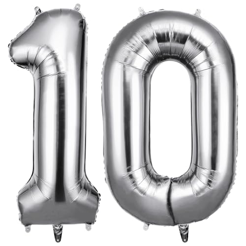 OFFCUP Zahlen Luftballon Silber, Folienballon Zahl 10, 40 Zoll Helium Ballons Geburtstagsdeko Mädchen Junge Kindergeburtstag Party Deko Ballon Zahl Deko zum Geburtstag Silvester Neujahr von OFFCUP