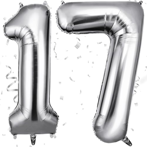 OFFCUP Zahlen Luftballon Silber, Folienballon Zahl 17/71, 40 Zoll Helium Ballons Geburtstagsdeko Mädchen Junge Kindergeburtstag Party Deko Ballon Zahl Deko zum Geburtstag Silvester Neujahr von OFFCUP