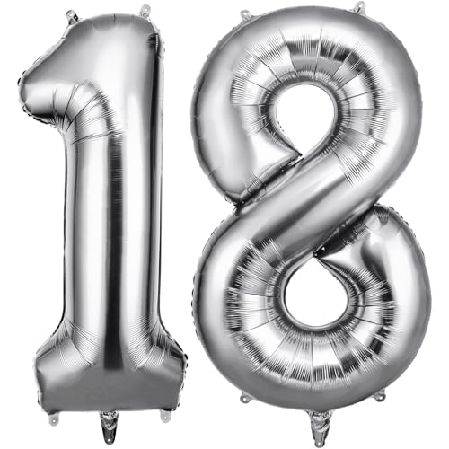 OFFCUP Zahlen Luftballon 18 Geburtstag Silber, Folienballon Zahl 18, 40 Zoll Helium Ballons Riesen 101cm Geburtstag Mädchen Junge PartyDeko Ballon Zahl Deko zum Jubiläum Neujahr Hochzeit von OFFCUP