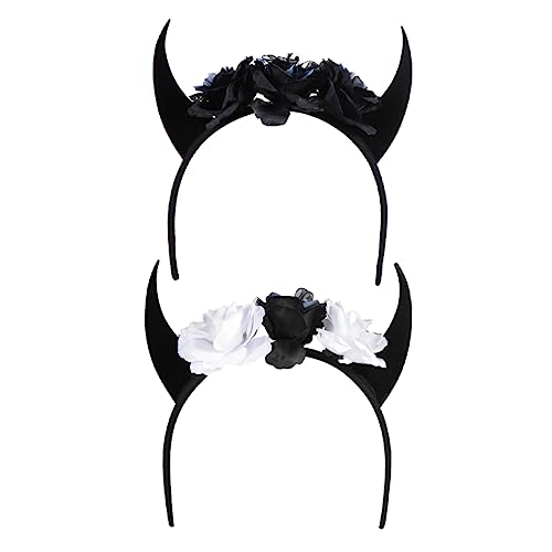 OFFIGAM 2 Stück Teufelshörner Haarreifen für Halloween Kostümparty Blumen und Schädel Kopfschmuck Cosplay Horn Kopfbedeckung für Mottopartys und Feierlichkeiten von OFFIGAM