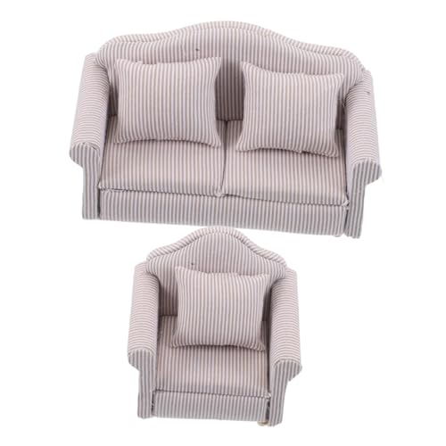OFFSCH 2 Stück Miniatur Puppenhaus Sofa mit Kissen Teilig Holzrahmen Weiche Stoffpolsterung Vielseitig Arrangierbar für Wohnzimmer und Kreative Miniaturszenen von OFFSCH