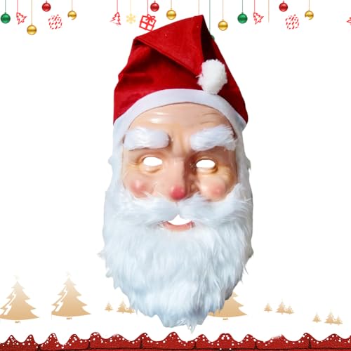 OFKAFEZV Weihnachtsmann-Kopfbedeckung, Santa Claus Maske Weihnachtsmann Nikolaus mit Glatt Weiß Bart, Weißer Augenbrauen,Inklusive Rot Xmas Mütze für Weihnachten, Karneval, Kostüm, Cosplay, Party von OFKAFEZV
