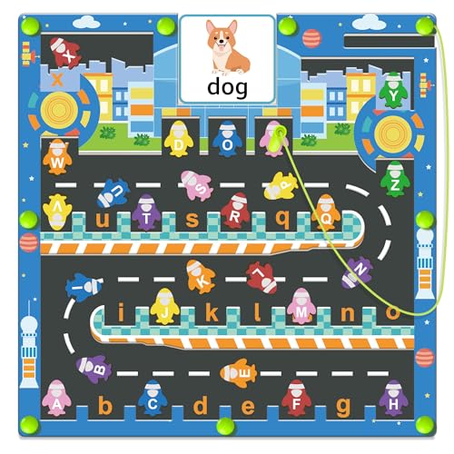 Montessori Spielzeug ab 4 5 6 Jahre Magnetspiel Labyrinth Geschenke für Jungen Raketenspielzeug Briefspielzeug Holz Puzzle Alphabet Lernspielzeug Motorikspielzeug 5-7 von OFUN