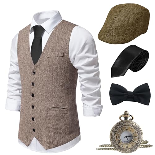 1920s Herren Kostüm Set, Gatsby Verkleidung Zubehör mit Weste Krawatte Hut Taschenuhr Fliege Retro Gangster Kostüm Kit Brüllende 20er Jahre Kostüme Outfit für Männer 1920s Herren Kostüm Set, Gatsby Verkleidung Zubehör mit Weste Krawatte Hut Taschenuhr Fliege Retro Gangster Kostüm Kit Brüllende 20er Jahre Kostüme Outfit für Männer von OGMBI