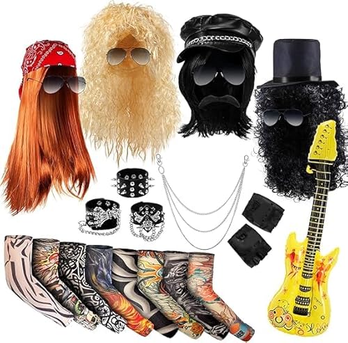 20 Stück 80er Jahre Outfit Für Herren, Rock Star Kostüm Set mit Perücken, Tattoo-Ärmeln, Sonnenbrillen, Handschuhen, Gitarren, Ketten, Halstuch, Punk Accessoires für Karneval & Mottoparty von OGMBI