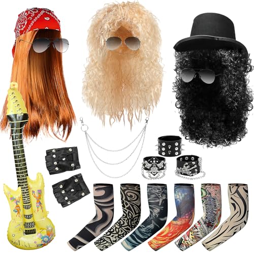 20 Stück Rockstar 80er Jahre Kostüme für Männer Frauen Faschingsset mit Rocker Perücken, Tattoo-Ärmeln, Sonnenbrille, Handschuhen, aufblasbare Gitarre, Hosenkette, Schal, Hut, Armband 20 Stück Rockstar 80er Jahre Kostüme für Männer Frauen Faschingsset mit Rocker Perücken, Tattoo-Ärmeln, Sonnenbrille, Handschuhen, aufblasbare Gitarre, Hosenkette, Schal, Hut, Armband von OGMBI