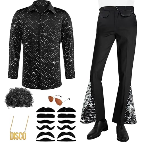 6-teiliges Disco-Kostüm-Set für Herren, 70er-Jahre-Stil, Retro-Kostüm-Set mit Glockenunterteil, Hosen, Hemden, Perücken, Halskette, Schnurrbart, Sonnenbrille für Halloween-Party (XL) von OGMBI