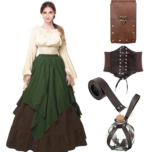 OGMBI Renaissance Kleid Damen Kostüm Set, Mittelalterliches Kleid mit Beutel, Korsett, Gürtel & Flasche, Viktorianisches Kostüm für Karneval, Halloween, Cosplay & Maskenball von OGMBI