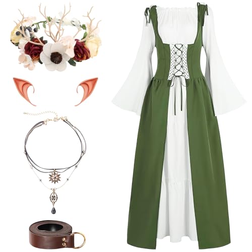 OGMBI Renaissance Kleid Set, Mittelalter Frauen Kostüm mit Elfenohren, Sonne Halskette, Blumenkrone und Gürtel, Feenkostüm Kleid für Karneval Halloween Maskerade Party von OGMBI