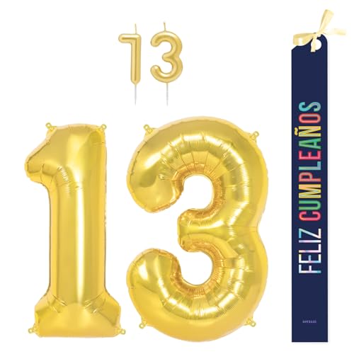 OH YEAH Dekorationsset zum 13. Geburtstag, goldfarben, Folienballons, 100 cm + Kerzen + Band zum Geburtstag – Party 18 20 30 40 50 60 70 80 90 Jahre – Mann und Frau – geeignet für Helio OH YEAH Dekorationsset zum 13. Geburtstag, goldfarben, Folienballons, 100 cm + Kerzen + Band zum Geburtstag – Party 18 20 30 40 50 60 70 80 90 Jahre – Mann und Frau – geeignet für Helio von OH YEAH