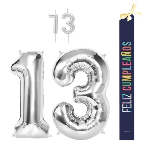 OH YEAH Dekorationsset zum 13. Geburtstag, silberfarben, Folienballons, 100 cm + Kerzen + Band zum Geburtstag – Party 18 20 30 40 50 60 70 80 90 Jahre – Mann und Frau – geeignet für Helio OH YEAH Dekorationsset zum 13. Geburtstag, silberfarben, Folienballons, 100 cm + Kerzen + Band zum Geburtstag – Party 18 20 30 40 50 60 70 80 90 Jahre – Mann und Frau – geeignet für Helio von OH YEAH