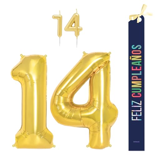 OH YEAH Dekorationsset zum 14. Geburtstag, goldfarben, Folienballons, 100 cm + Kerzen + Band zum Geburtstag – Party 18 20 30 40 50 60 70 80 90 Jahre – Mann und Frau – geeignet für Helio OH YEAH Dekorationsset zum 14. Geburtstag, goldfarben, Folienballons, 100 cm + Kerzen + Band zum Geburtstag – Party 18 20 30 40 50 60 70 80 90 Jahre – Mann und Frau – geeignet für Helio von OH YEAH
