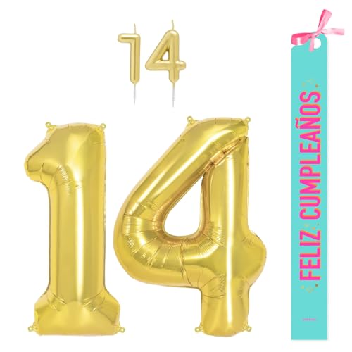 OH YEAH Dekorationsset zum 14. Geburtstag, goldfarben, Folienballons, 100 cm + Kerzen + Band zum Geburtstag – Party 18 20 30 40 50 60 70 80 90 Jahre – Mann und Frau – geeignet für Helio OH YEAH Dekorationsset zum 14. Geburtstag, goldfarben, Folienballons, 100 cm + Kerzen + Band zum Geburtstag – Party 18 20 30 40 50 60 70 80 90 Jahre – Mann und Frau – geeignet für Helio von OH YEAH