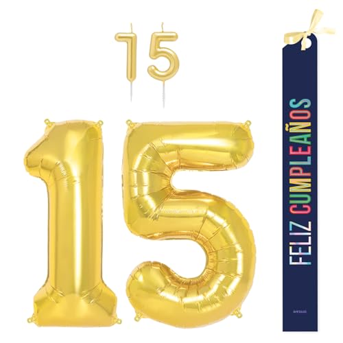 OH YEAH Dekorationsset zum 15. Geburtstag, goldfarben, Folienballons, 100 cm + Kerzen + Band zum Geburtstag – Party 18 20 30 40 50 60 70 80 90 Jahre – Mann und Frau – geeignet für Helio OH YEAH Dekorationsset zum 15. Geburtstag, goldfarben, Folienballons, 100 cm + Kerzen + Band zum Geburtstag – Party 18 20 30 40 50 60 70 80 90 Jahre – Mann und Frau – geeignet für Helio von OH YEAH
