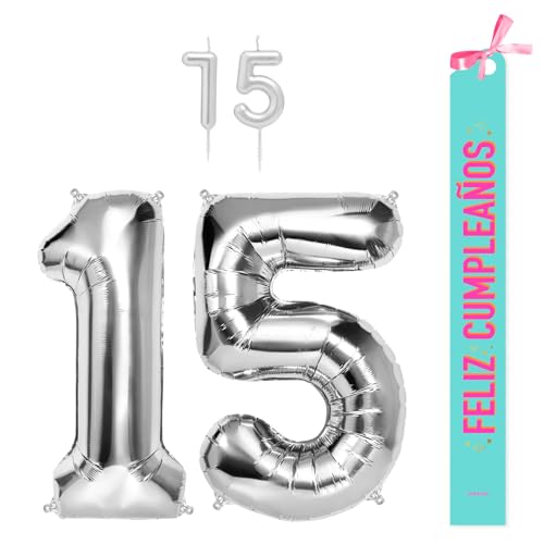 OH YEAH Dekorationsset zum 15. Geburtstag, silberfarben, Folienballons, 100 cm + Kerzen + Band zum Geburtstag – Party 18 20 30 40 50 60 70 80 90 Jahre – Mann und Frau – geeignet für Helio OH YEAH Dekorationsset zum 15. Geburtstag, silberfarben, Folienballons, 100 cm + Kerzen + Band zum Geburtstag – Party 18 20 30 40 50 60 70 80 90 Jahre – Mann und Frau – geeignet für Helio von OH YEAH