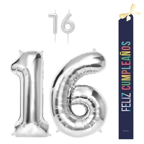 OH YEAH Dekorationsset zum 16. Geburtstag, silberfarben, Folienballons, 100 cm + Kerzen + Band zum Geburtstag – Party 18 20 30 40 50 60 70 80 90 Jahre – Mann und Frau – geeignet für Helio OH YEAH Dekorationsset zum 16. Geburtstag, silberfarben, Folienballons, 100 cm + Kerzen + Band zum Geburtstag – Party 18 20 30 40 50 60 70 80 90 Jahre – Mann und Frau – geeignet für Helio von OH YEAH