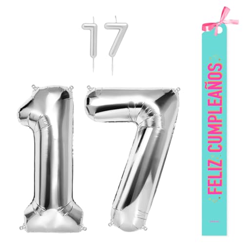OH YEAH Dekorationsset zum 17. Geburtstag, silberfarben, Folienballons, 100 cm + Kerzen + Band zum Geburtstag – Party 18 20 30 40 50 60 70 80 90 Jahre – Mann und Frau – geeignet für Helio OH YEAH Dekorationsset zum 17. Geburtstag, silberfarben, Folienballons, 100 cm + Kerzen + Band zum Geburtstag – Party 18 20 30 40 50 60 70 80 90 Jahre – Mann und Frau – geeignet für Helio von OH YEAH