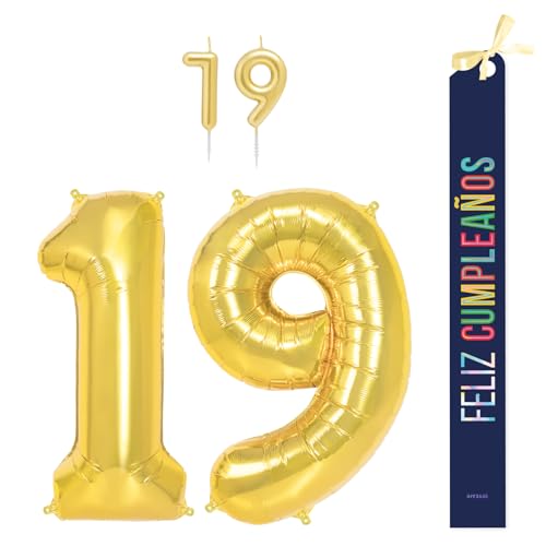 OH YEAH Dekorationsset zum 19. Geburtstag, goldfarben, Folienballons, 100 cm + Kerzen + Band zum Geburtstag – Party 18 20 30 40 50 60 70 80 90 Jahre – Mann und Frau – geeignet für Helio OH YEAH Dekorationsset zum 19. Geburtstag, goldfarben, Folienballons, 100 cm + Kerzen + Band zum Geburtstag – Party 18 20 30 40 50 60 70 80 90 Jahre – Mann und Frau – geeignet für Helio von OH YEAH