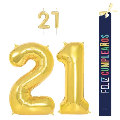 OH YEAH Dekorationsset zum 21. Geburtstag, goldfarben, Folienballons, 100 cm + Kerzen + Band zum Geburtstag – Party 18 20 30 40 50 60 70 80 90 Jahre – Mann und Frau – geeignet für Helio von OH YEAH