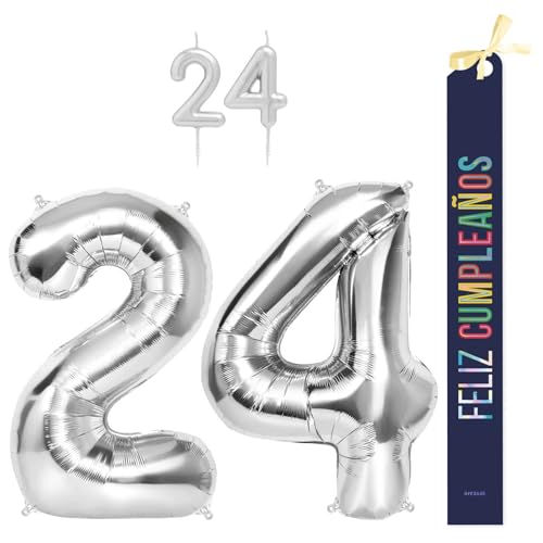OH YEAH Dekorationsset zum 24. Geburtstag, silberfarben, Folienballons, 100 cm + Kerzen + Band zum Geburtstag – Party 18 20 30 40 50 60 70 80 90 Jahre – Mann und Frau – geeignet für Helio OH YEAH Dekorationsset zum 24. Geburtstag, silberfarben, Folienballons, 100 cm + Kerzen + Band zum Geburtstag – Party 18 20 30 40 50 60 70 80 90 Jahre – Mann und Frau – geeignet für Helio von OH YEAH