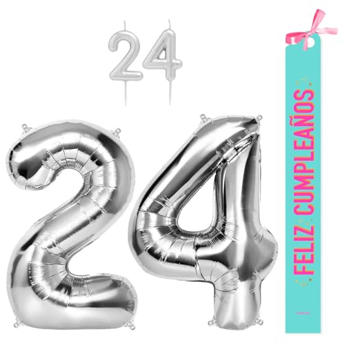 OH YEAH Dekorationsset zum 24. Geburtstag, silberfarben, Folienballons, 100 cm + Kerzen + Band zum Geburtstag – Party 18 20 30 40 50 60 70 80 90 Jahre – Mann und Frau – geeignet für Helio OH YEAH Dekorationsset zum 24. Geburtstag, silberfarben, Folienballons, 100 cm + Kerzen + Band zum Geburtstag – Party 18 20 30 40 50 60 70 80 90 Jahre – Mann und Frau – geeignet für Helio von OH YEAH