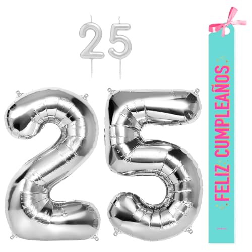 OH YEAH Dekorationsset zum 25. Geburtstag, silberfarben, Folienballons, 100 cm + Kerzen + Band zum Geburtstag – Party 18 20 30 40 50 60 70 80 90 Jahre – Mann und Frau – geeignet für Helio OH YEAH Dekorationsset zum 25. Geburtstag, silberfarben, Folienballons, 100 cm + Kerzen + Band zum Geburtstag – Party 18 20 30 40 50 60 70 80 90 Jahre – Mann und Frau – geeignet für Helio von OH YEAH