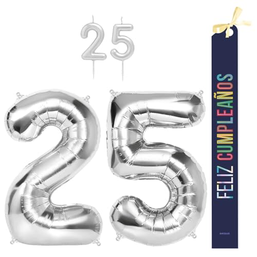 OH YEAH Dekorationsset zum 25. Geburtstag, silberfarben, Folienballons, 100 cm + Kerzen + Band zum Geburtstag – Party 18 20 30 40 50 60 70 80 90 Jahre – Mann und Frau – geeignet für Helio OH YEAH Dekorationsset zum 25. Geburtstag, silberfarben, Folienballons, 100 cm + Kerzen + Band zum Geburtstag – Party 18 20 30 40 50 60 70 80 90 Jahre – Mann und Frau – geeignet für Helio von OH YEAH