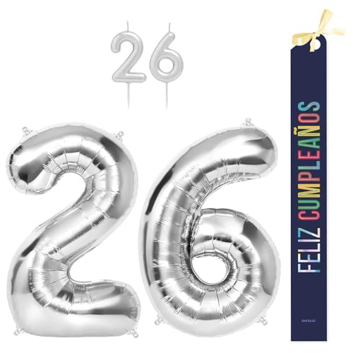 OH YEAH Dekorationsset zum 26. Geburtstag, silberfarben, Folienballons, 100 cm + Kerzen + Band zum Geburtstag – Party 18 20 30 40 50 60 70 80 90 Jahre – Mann und Frau – geeignet für Helio OH YEAH Dekorationsset zum 26. Geburtstag, silberfarben, Folienballons, 100 cm + Kerzen + Band zum Geburtstag – Party 18 20 30 40 50 60 70 80 90 Jahre – Mann und Frau – geeignet für Helio von OH YEAH