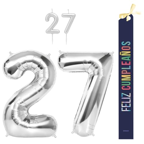 OH YEAH Dekorationsset zum 27. Geburtstag, silberfarben, Folienballons, 100 cm + Kerzen + Band zum Geburtstag – Party 18 20 30 40 50 60 70 80 90 Jahre – Mann und Frau – geeignet für Helio OH YEAH Dekorationsset zum 27. Geburtstag, silberfarben, Folienballons, 100 cm + Kerzen + Band zum Geburtstag – Party 18 20 30 40 50 60 70 80 90 Jahre – Mann und Frau – geeignet für Helio von OH YEAH