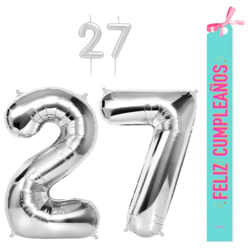OH YEAH Dekorationsset zum 27. Geburtstag, silberfarben, Folienballons, 100 cm + Kerzen + Band zum Geburtstag – Party 18 20 30 40 50 60 70 80 90 Jahre – Mann und Frau – geeignet für Helio OH YEAH Dekorationsset zum 27. Geburtstag, silberfarben, Folienballons, 100 cm + Kerzen + Band zum Geburtstag – Party 18 20 30 40 50 60 70 80 90 Jahre – Mann und Frau – geeignet für Helio von OH YEAH