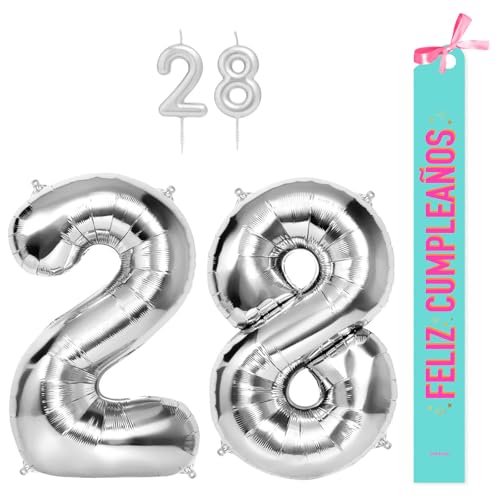 OH YEAH Dekorationsset zum 28. Geburtstag, silberfarben, Folienballons, 100 cm + Kerzen + Band zum Geburtstag – Party 18 20 30 40 50 60 70 80 90 Jahre – Mann und Frau – geeignet für Helio OH YEAH Dekorationsset zum 28. Geburtstag, silberfarben, Folienballons, 100 cm + Kerzen + Band zum Geburtstag – Party 18 20 30 40 50 60 70 80 90 Jahre – Mann und Frau – geeignet für Helio von OH YEAH