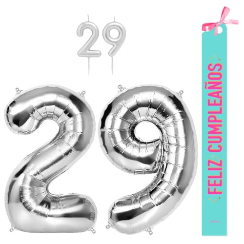 OH YEAH Dekorationsset zum 29. Geburtstag, silberfarben, Folienballons, 100 cm + Kerzen + Band zum Geburtstag – Party 18 20 30 40 50 60 70 80 90 Jahre – Mann und Frau – geeignet für Helio OH YEAH Dekorationsset zum 29. Geburtstag, silberfarben, Folienballons, 100 cm + Kerzen + Band zum Geburtstag – Party 18 20 30 40 50 60 70 80 90 Jahre – Mann und Frau – geeignet für Helio von OH YEAH