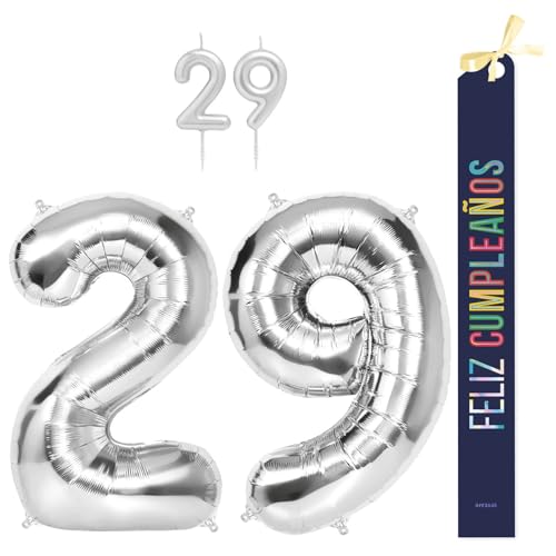 OH YEAH Dekorationsset zum 29. Geburtstag, silberfarben, Folienballons, 100 cm + Kerzen + Band zum Geburtstag – Party 18 20 30 40 50 60 70 80 90 Jahre – Mann und Frau – geeignet für Helio OH YEAH Dekorationsset zum 29. Geburtstag, silberfarben, Folienballons, 100 cm + Kerzen + Band zum Geburtstag – Party 18 20 30 40 50 60 70 80 90 Jahre – Mann und Frau – geeignet für Helio von OH YEAH