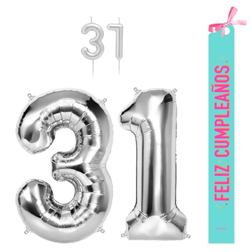 OH YEAH Dekorationsset zum 31. Geburtstag, silberfarben, Folienballons, 100 cm + Kerzen + Band zum Geburtstag – Party 18 20 30 40 50 60 70 80 90 Jahre – Mann und Frau – geeignet für Helio OH YEAH Dekorationsset zum 31. Geburtstag, silberfarben, Folienballons, 100 cm + Kerzen + Band zum Geburtstag – Party 18 20 30 40 50 60 70 80 90 Jahre – Mann und Frau – geeignet für Helio von OH YEAH