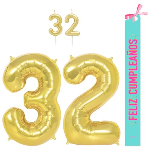 OH YEAH Dekorationsset zum 32. Geburtstag, goldfarben, Folienballons, 100 cm + Kerzen + Band zum Geburtstag – Party 18 20 30 40 50 60 70 80 90 Jahre – Mann und Frau – geeignet für Helio OH YEAH Dekorationsset zum 32. Geburtstag, goldfarben, Folienballons, 100 cm + Kerzen + Band zum Geburtstag – Party 18 20 30 40 50 60 70 80 90 Jahre – Mann und Frau – geeignet für Helio von OH YEAH