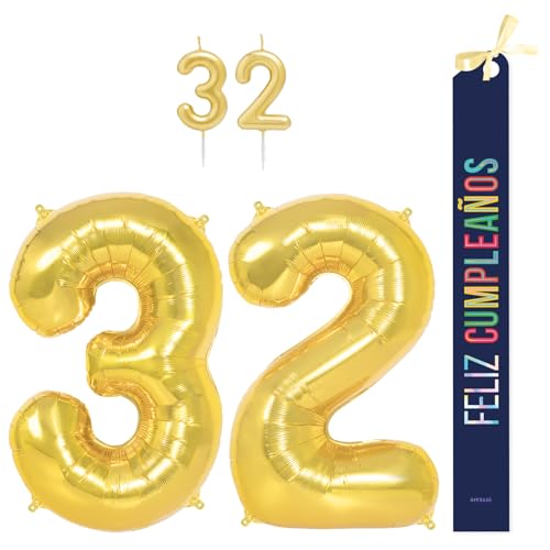 OH YEAH Dekorationsset zum 32. Geburtstag, goldfarben, Folienballons, 100 cm + Kerzen + Band zum Geburtstag – Party 18 20 30 40 50 60 70 80 90 Jahre – Mann und Frau – geeignet für Helio OH YEAH Dekorationsset zum 32. Geburtstag, goldfarben, Folienballons, 100 cm + Kerzen + Band zum Geburtstag – Party 18 20 30 40 50 60 70 80 90 Jahre – Mann und Frau – geeignet für Helio von OH YEAH