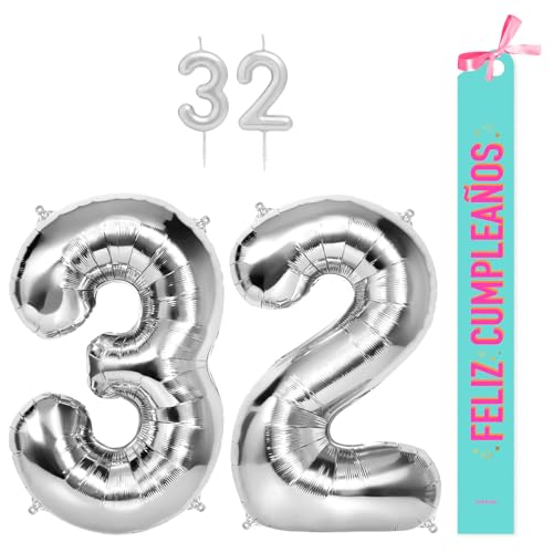 OH YEAH Dekorationsset zum 32. Geburtstag, silberfarben, Folienballons, 100 cm + Kerzen + Band zum Geburtstag – Party 18 20 30 40 50 60 70 80 90 Jahre – Mann und Frau – geeignet für Helio OH YEAH Dekorationsset zum 32. Geburtstag, silberfarben, Folienballons, 100 cm + Kerzen + Band zum Geburtstag – Party 18 20 30 40 50 60 70 80 90 Jahre – Mann und Frau – geeignet für Helio von OH YEAH