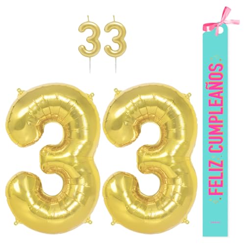 OH YEAH Dekorationsset zum 33. Geburtstag, goldfarben, Folienballons, 100 cm + Kerzen + Band zum Geburtstag – Party 18 20 30 40 50 60 70 80 90 Jahre – Mann und Frau – geeignet für Helio OH YEAH Dekorationsset zum 33. Geburtstag, goldfarben, Folienballons, 100 cm + Kerzen + Band zum Geburtstag – Party 18 20 30 40 50 60 70 80 90 Jahre – Mann und Frau – geeignet für Helio von OH YEAH