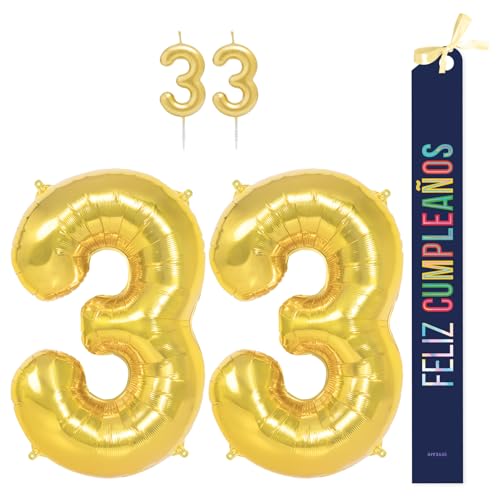 OH YEAH Dekorationsset zum 33. Geburtstag, goldfarben, Folienballons, 100 cm + Kerzen + Band zum Geburtstag – Party 18 20 30 40 50 60 70 80 90 Jahre – Mann und Frau – geeignet für Helio OH YEAH Dekorationsset zum 33. Geburtstag, goldfarben, Folienballons, 100 cm + Kerzen + Band zum Geburtstag – Party 18 20 30 40 50 60 70 80 90 Jahre – Mann und Frau – geeignet für Helio von OH YEAH