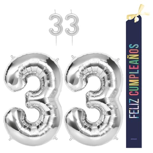 OH YEAH Dekorationsset zum 33. Geburtstag, silberfarben, Folienballons, 100 cm + Kerzen + Band zum Geburtstag – Party 18 20 30 40 50 60 70 80 90 Jahre – Mann und Frau – geeignet für Helio OH YEAH Dekorationsset zum 33. Geburtstag, silberfarben, Folienballons, 100 cm + Kerzen + Band zum Geburtstag – Party 18 20 30 40 50 60 70 80 90 Jahre – Mann und Frau – geeignet für Helio von OH YEAH