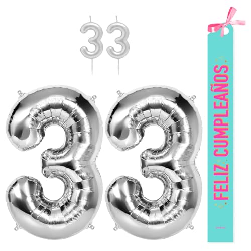 OH YEAH Dekorationsset zum 33. Geburtstag, silberfarben, Folienballons, 100 cm + Kerzen + Band zum Geburtstag – Party 18 20 30 40 50 60 70 80 90 Jahre – Mann und Frau – geeignet für Helio OH YEAH Dekorationsset zum 33. Geburtstag, silberfarben, Folienballons, 100 cm + Kerzen + Band zum Geburtstag – Party 18 20 30 40 50 60 70 80 90 Jahre – Mann und Frau – geeignet für Helio von OH YEAH