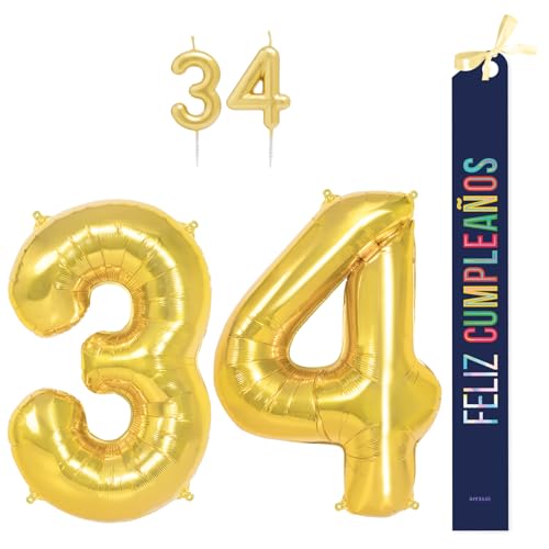 OH YEAH Dekorationsset zum 34. Geburtstag, goldfarben, Folienballons, 100 cm + Kerzen + Band zum Geburtstag – Party 18 20 30 40 50 60 70 80 90 Jahre – Mann und Frau – geeignet für Helio OH YEAH Dekorationsset zum 34. Geburtstag, goldfarben, Folienballons, 100 cm + Kerzen + Band zum Geburtstag – Party 18 20 30 40 50 60 70 80 90 Jahre – Mann und Frau – geeignet für Helio von OH YEAH