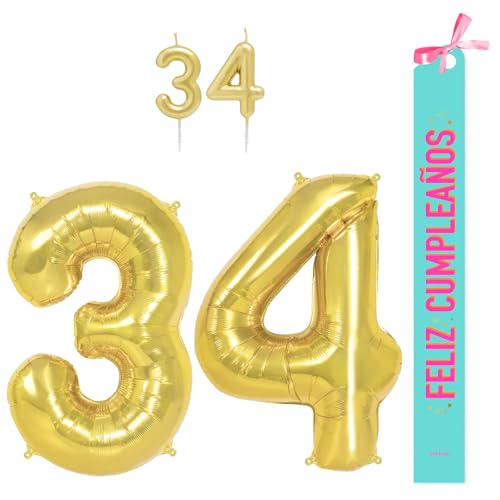 OH YEAH Dekorationsset zum 34. Geburtstag, goldfarben, Folienballons, 100 cm + Kerzen + Band zum Geburtstag – Party 18 20 30 40 50 60 70 80 90 Jahre – Mann und Frau – geeignet für Helio von OH YEAH
