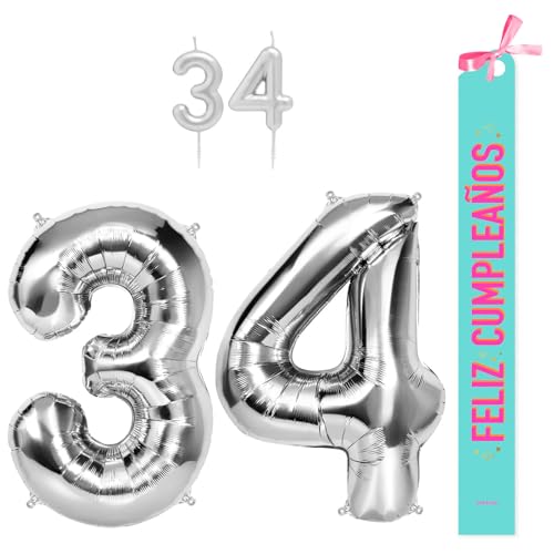 OH YEAH Dekorationsset zum 34. Geburtstag, silberfarben, Folienballons, 100 cm + Kerzen + Band zum Geburtstag – Party 18 20 30 40 50 60 70 80 90 Jahre – Mann und Frau – geeignet für Helio OH YEAH Dekorationsset zum 34. Geburtstag, silberfarben, Folienballons, 100 cm + Kerzen + Band zum Geburtstag – Party 18 20 30 40 50 60 70 80 90 Jahre – Mann und Frau – geeignet für Helio von OH YEAH