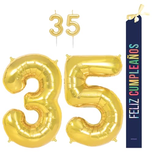 OH YEAH Dekorationsset zum 35. Geburtstag, goldfarben, Folienballons, 100 cm + Kerzen + Band zum Geburtstag – Party 18 20 30 40 50 60 70 80 90 Jahre – Mann und Frau – geeignet für Helio OH YEAH Dekorationsset zum 35. Geburtstag, goldfarben, Folienballons, 100 cm + Kerzen + Band zum Geburtstag – Party 18 20 30 40 50 60 70 80 90 Jahre – Mann und Frau – geeignet für Helio von OH YEAH