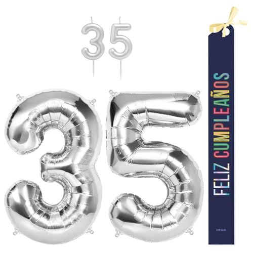 OH YEAH Dekorationsset zum 35. Geburtstag, silberfarben, Folienballons, 100 cm + Kerzen + Band zum Geburtstag – Party 18 20 30 40 50 60 70 80 90 Jahre – Mann und Frau – geeignet für Helio OH YEAH Dekorationsset zum 35. Geburtstag, silberfarben, Folienballons, 100 cm + Kerzen + Band zum Geburtstag – Party 18 20 30 40 50 60 70 80 90 Jahre – Mann und Frau – geeignet für Helio von OH YEAH