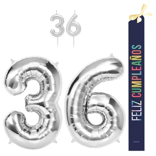 OH YEAH Dekorationsset zum 36. Geburtstag, silberfarben, Folienballons, 100 cm + Kerzen + Band zum Geburtstag – Party 18 20 30 40 50 60 70 80 90 Jahre – Mann und Frau – geeignet für Helio OH YEAH Dekorationsset zum 36. Geburtstag, silberfarben, Folienballons, 100 cm + Kerzen + Band zum Geburtstag – Party 18 20 30 40 50 60 70 80 90 Jahre – Mann und Frau – geeignet für Helio von OH YEAH